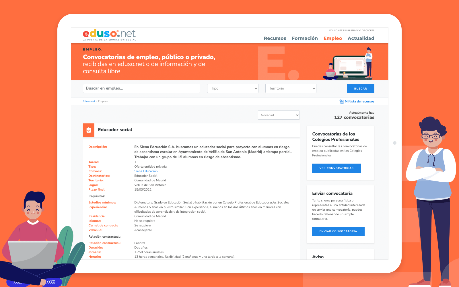 Diseño de pantalla del buscador de ofertas de trabajo de educación social de eduso.net