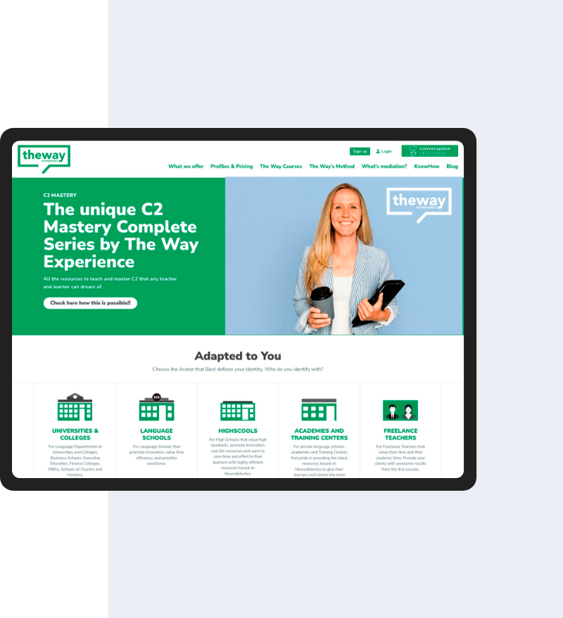 Diseño web de la página principal de la plataforma educativa online The Way