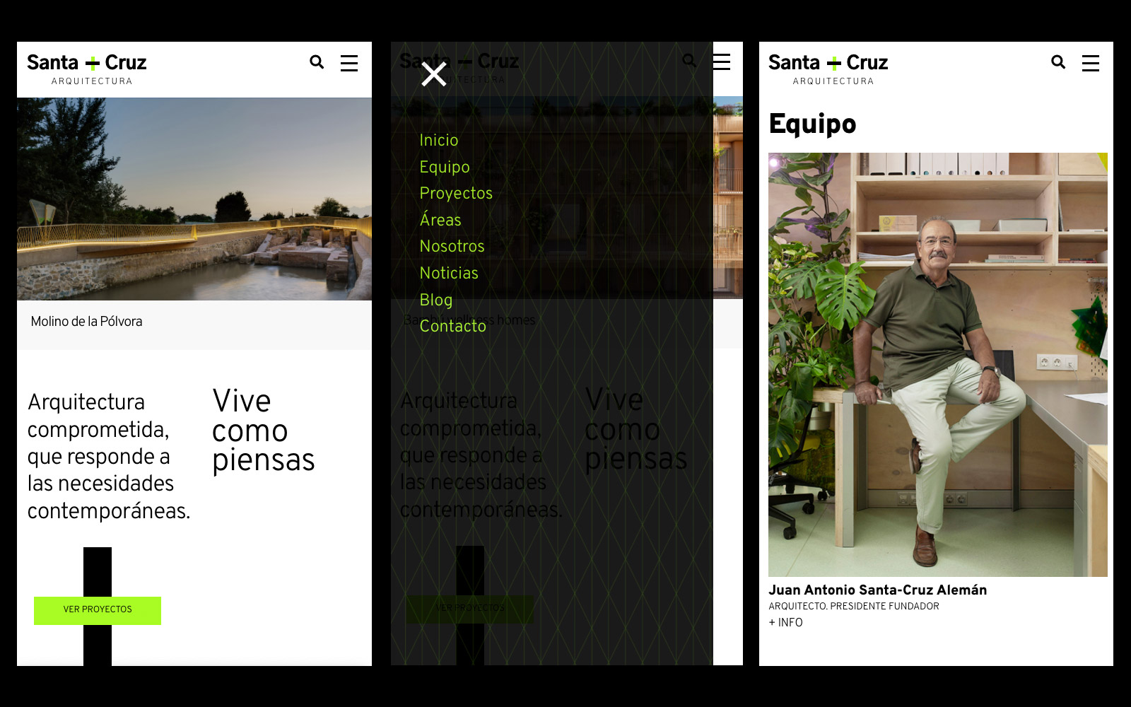 Pantallas de diseño web responsive de la página del estudio Santa-Cruz Arquitectura