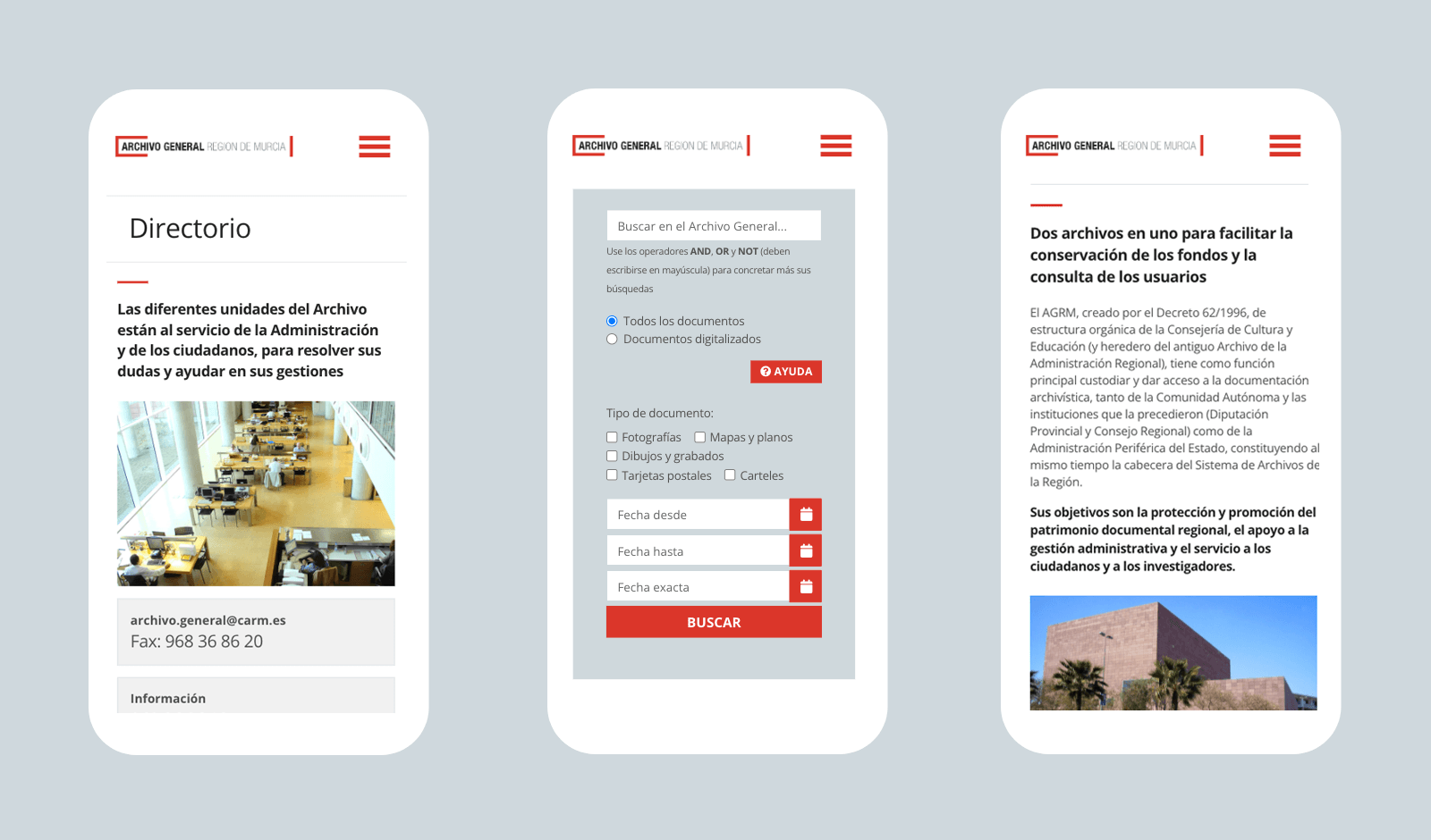 Diseño optimizado para móviles para la página web del Archivo Regional de Murcia