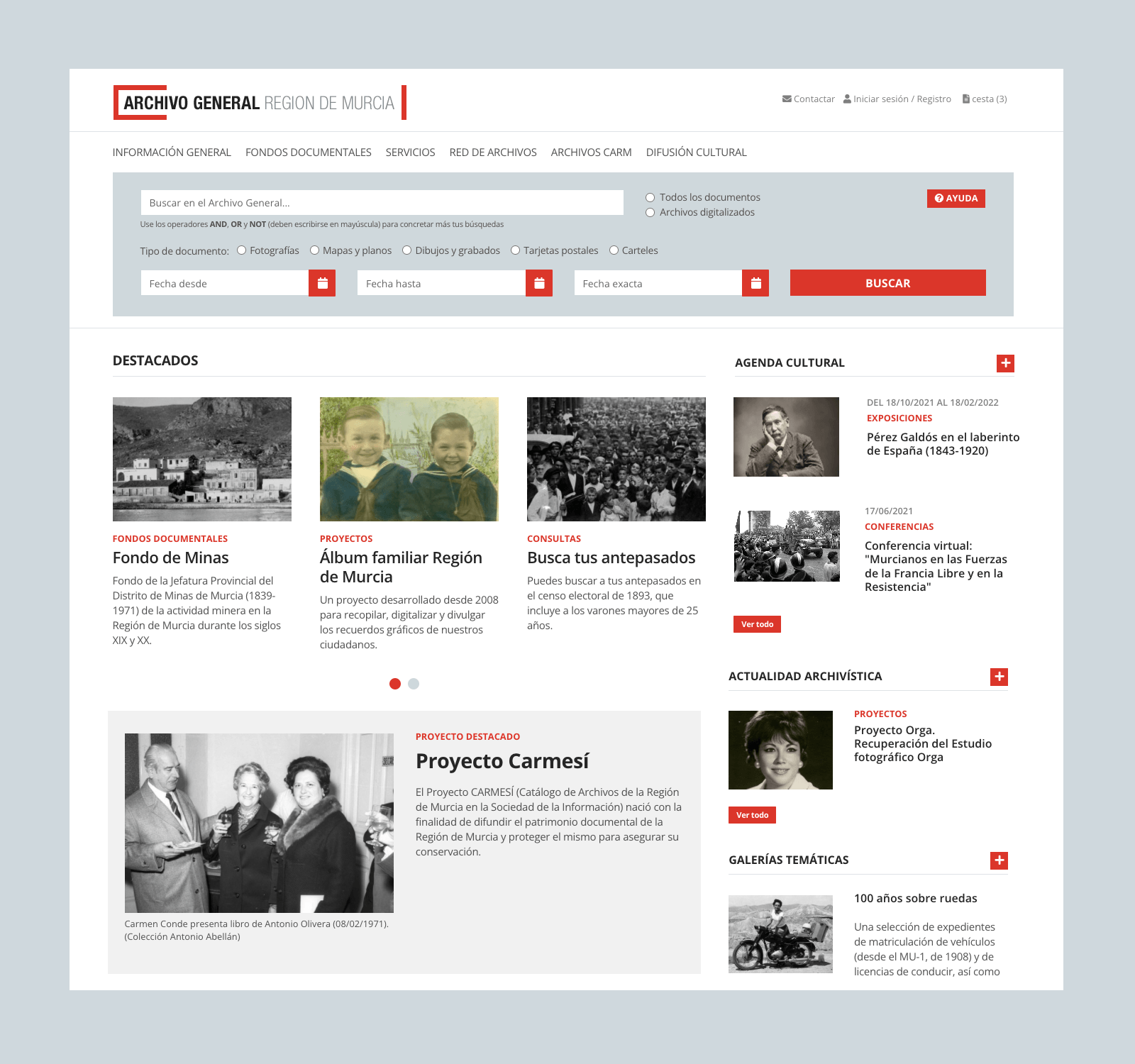 Imagen del rediseño web de la página principal del Archivo Regional de Murcia