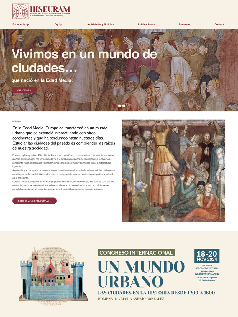 Diseño web. Página principal para grupo de investigación medieval financiado por la Universidad Complutense de Madrid, Ministerio de Ciencia, Innovación y Universidades y Agencia Estatal de Investigación